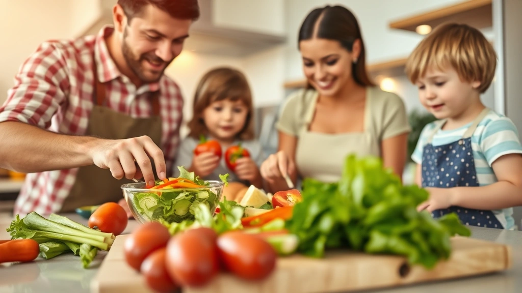 Close-up of family preparing colorful salad in modern kitchen, fresh vegetables on cutting board, parents and children engaged together, warm lighting, healthy food preparation moment