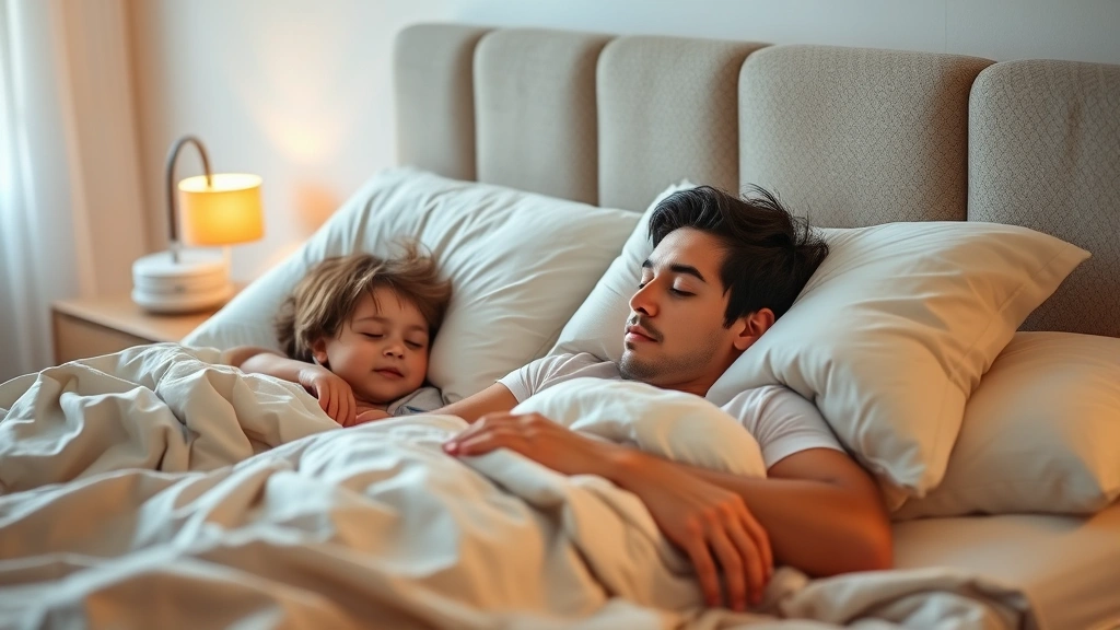 Adult and child sleeping peacefully in comfortable bed with soft pillows, serene bedroom with warm ambient lighting, cozy bedding, peaceful rest scene