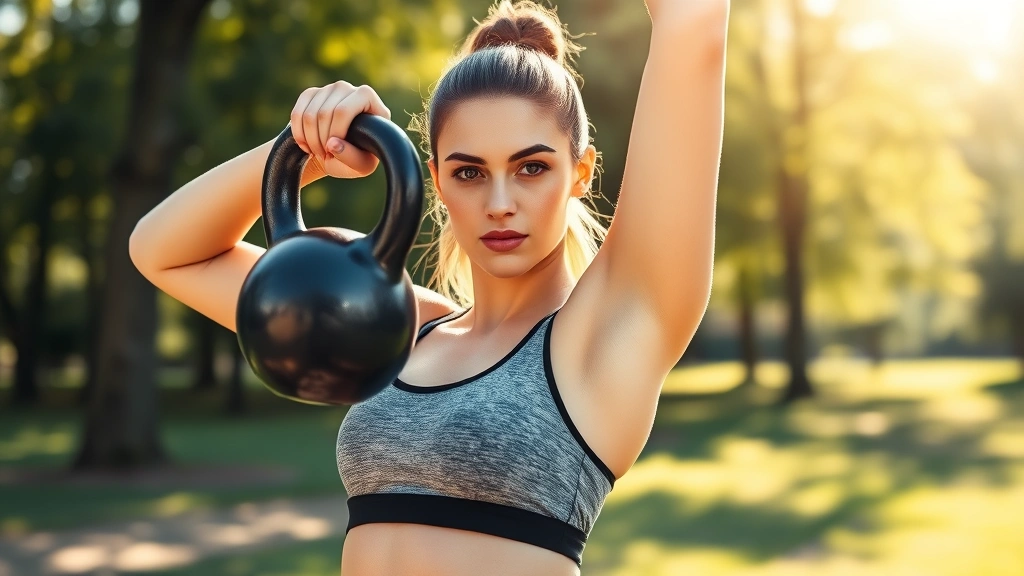 Young woman in athletic wear performing a kettlebell swing outdoors in morning sunlight, focused expression, natural park background, realistic lighting