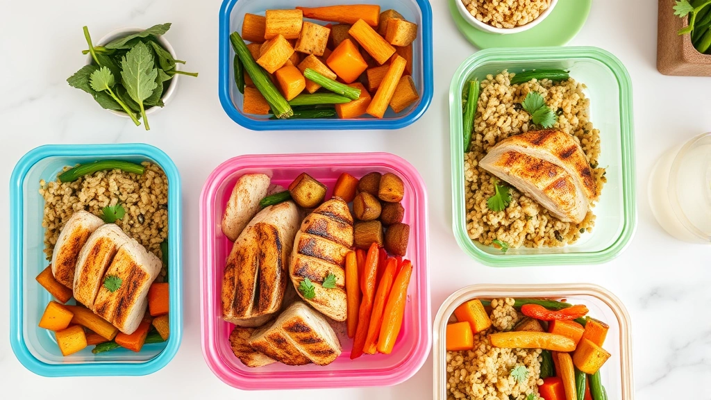 Overhead shot of colorful meal prep containers with grilled chicken, quinoa, and roasted vegetables on white kitchen counter, fresh and appetizing
