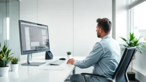 Modern healthcare professional sitting at clean desk reviewing digital health dashboard on computer monitor, bright professional office setting with natural light, modern minimalist design aesthetic