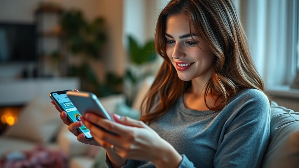 Young woman using smartphone to access health app with wellness tracking interface visible on screen, relaxed home environment with warm lighting, contemporary lifestyle photography