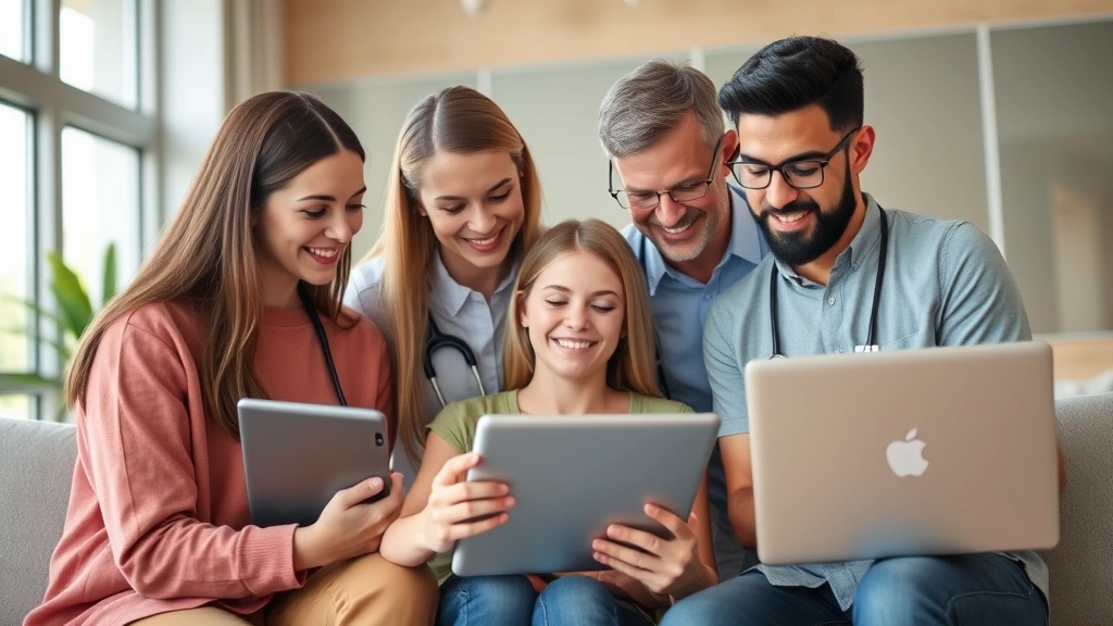Diverse group of people using various devices including tablet and laptop to manage health records, collaborative wellness environment with modern technology, inclusive digital health representation