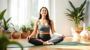 Woman sitting peacefully on yoga mat in bright, minimalist home studio with plants and natural light, serene morning wellness routine, calm focused expression