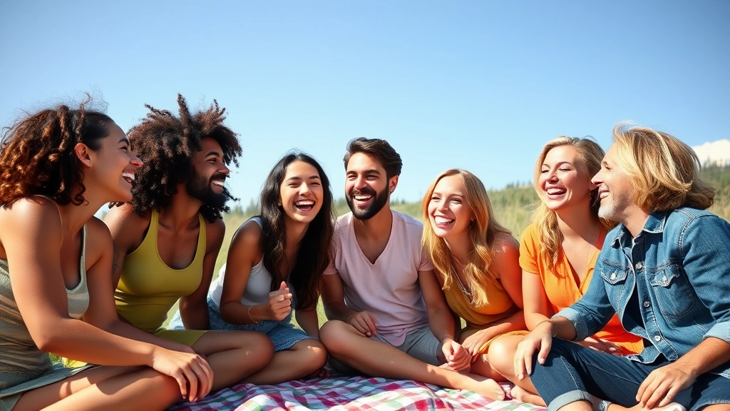 Group of diverse friends laughing together outdoors on sunny day, picnic blanket, genuine connection and joy, relaxed body language, natural setting