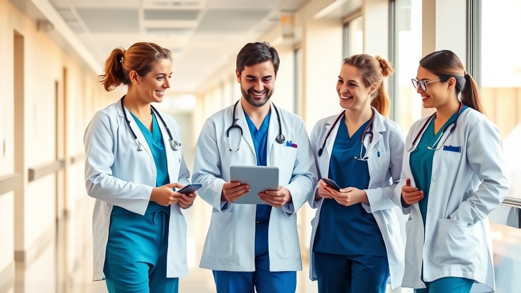 Professional healthcare team in modern hospital corridor wearing scrubs and white coats, smiling while reviewing patient charts on tablet device, warm natural lighting from large windows, collaborative medical environment