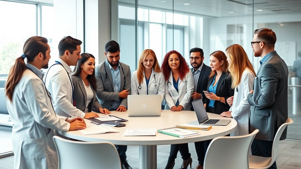 Diverse group of healthcare professionals in business casual attire in modern office meeting room with glass walls, discussing around table with laptops and documents, bright contemporary workspace, professional atmosphere
