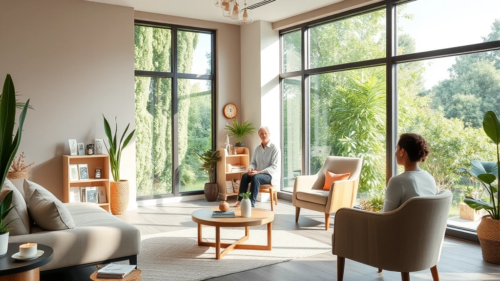 Serene wellness center interior with comfortable seating, calming neutral tones, large windows showing green outdoor space, wellness materials on display, peaceful meditation or consultation area with professional therapist present