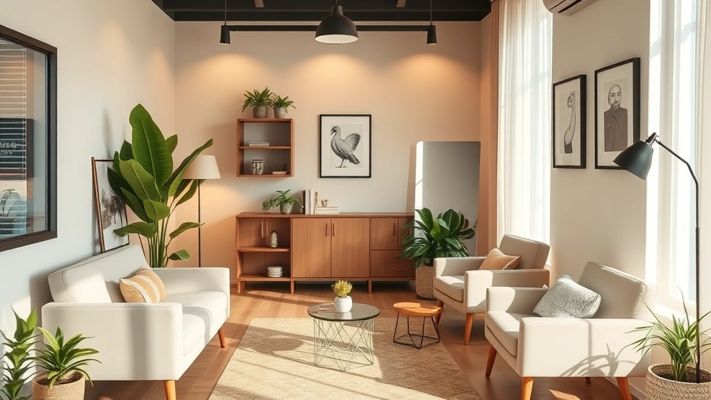 Serene therapist's office with warm lighting, comfortable seating, neutral colors, plants, and a sense of safety and trust, photorealistic, lifestyle photography