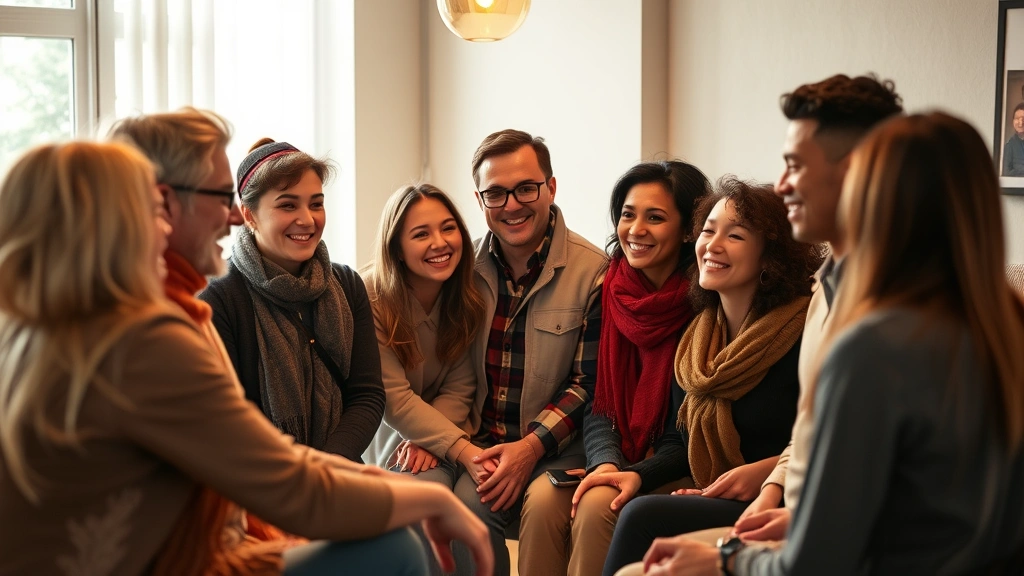 Diverse group of people in support circle having meaningful conversation, warm lighting, authentic emotional connection, hopeful atmosphere, photorealistic community wellness