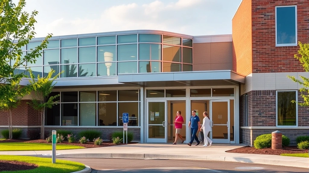 Modern healthcare facility exterior with welcoming entrance, natural lighting, professional landscaping, patients and staff moving through glass doors, contemporary medical building architecture in suburban Ohio setting