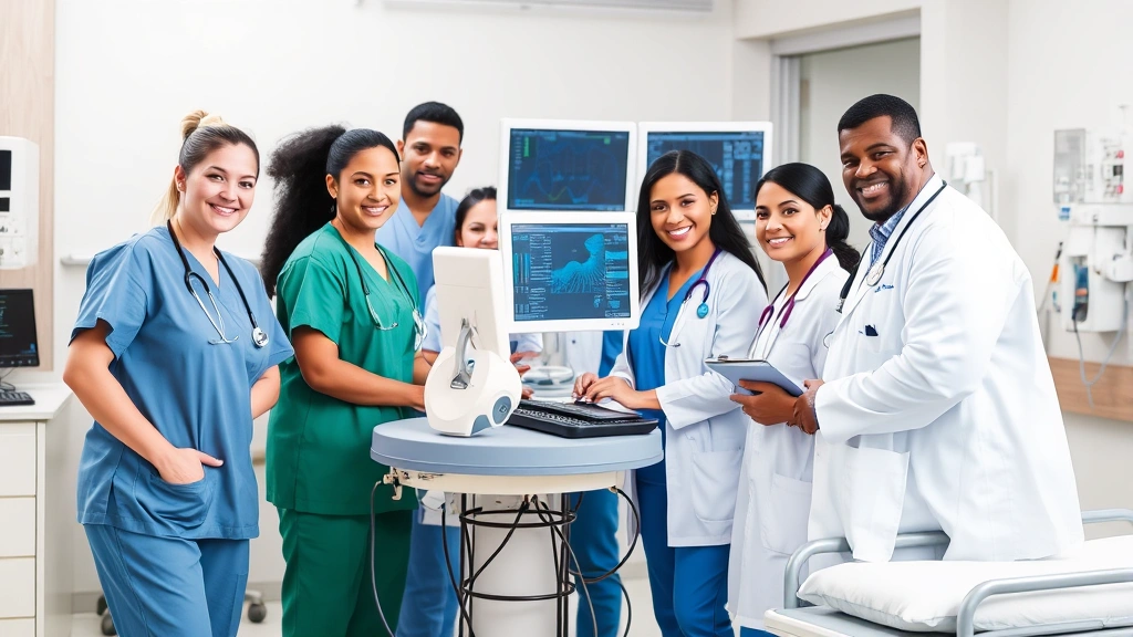 Diverse healthcare team in clinical setting: nurses, doctors, and medical professionals collaborating around patient care station with monitors and equipment, warm professional environment showing teamwork and expertise
