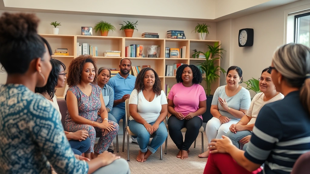 Wellness workshop scene with diverse community members participating in health education class, instructor demonstrating exercise or nutrition concepts, bright comfortable room with educational materials and supportive atmosphere