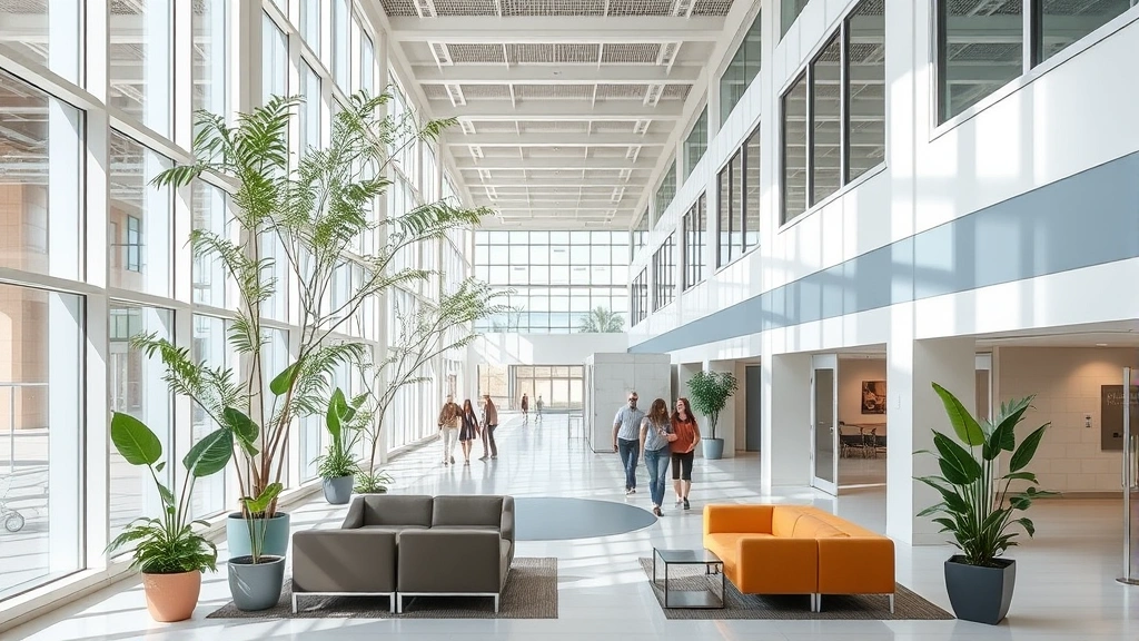 Modern hospital atrium with natural light, comfortable seating areas, clean architectural design, plants, welcoming environment, people walking through bright hallways with contemporary furnishings