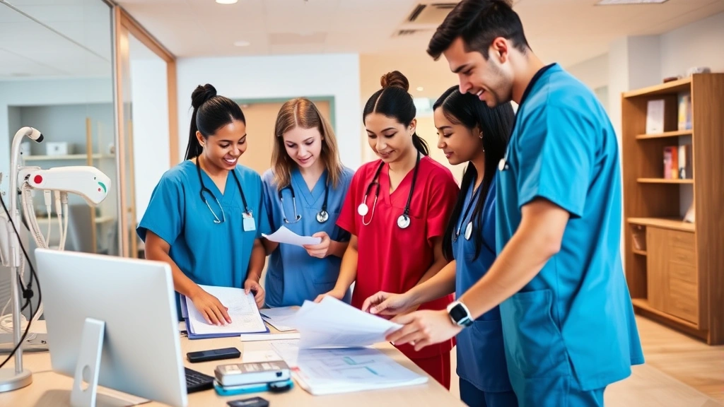 Medical professionals in scrubs collaborating in a clinical setting, reviewing patient charts at a desk, diverse team, modern hospital office, professional healthcare environment, warm lighting