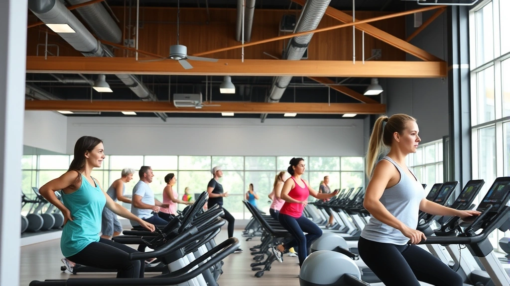Patients in a wellness center exercising on modern equipment, fitness classes in session, bright gym with large windows, diverse age groups, healthy lifestyle imagery, contemporary athletic facilities