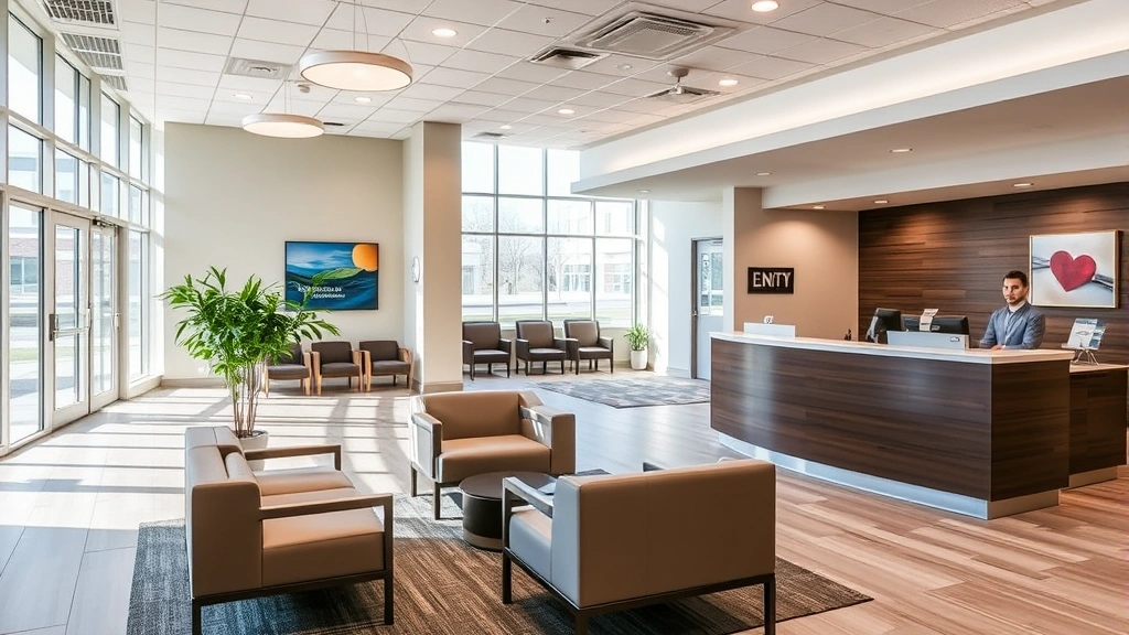 Modern healthcare facility reception area with welcoming design, comfortable seating, natural lighting, and professional staff at check-in desk in suburban Pennsylvania clinic setting