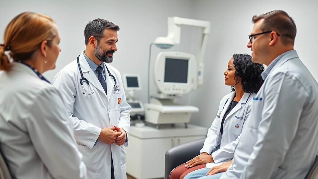 Board-certified physicians in white coats consulting with diverse patients in bright clinical examination rooms equipped with modern medical equipment and technology