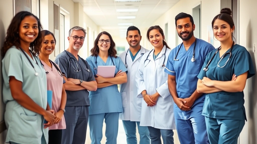 Diverse healthcare professionals in scrubs and uniforms collaborating in modern hospital corridor, natural lighting, confident expressions, representing clinical team environment
