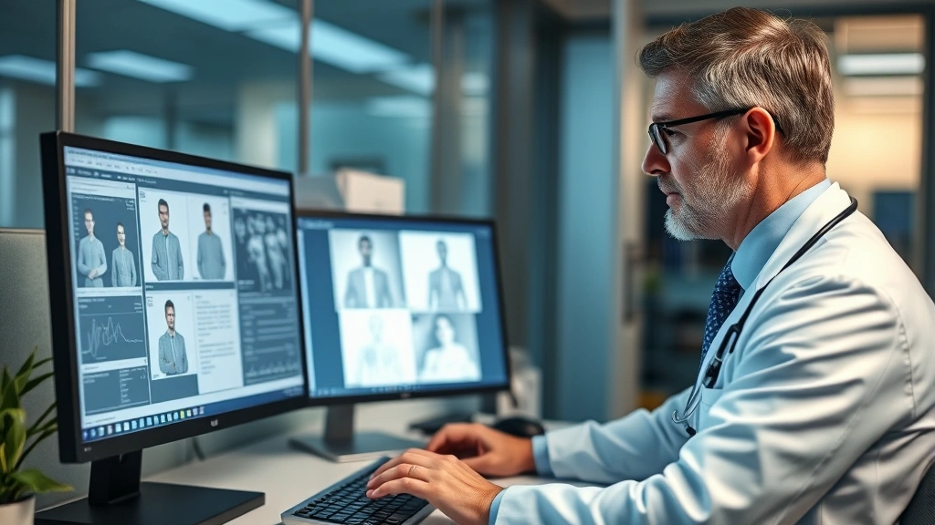 Medical professional reviewing patient records at computer workstation in healthcare office, professional attire, focused expression, modern healthcare technology visible