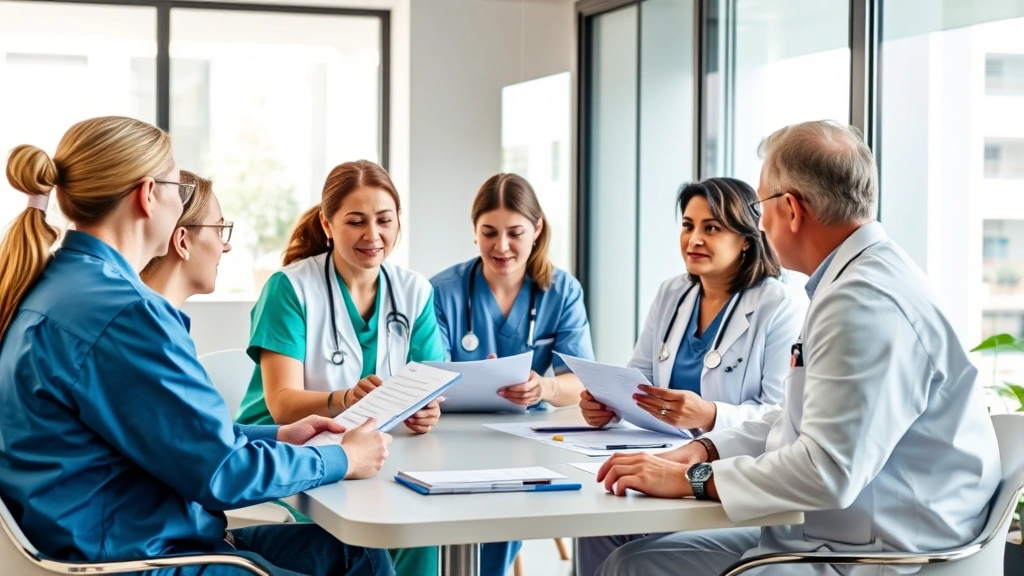 Healthcare team in meeting discussing patient care strategies, diverse professionals including nurses and doctors, collaborative atmosphere, natural office lighting