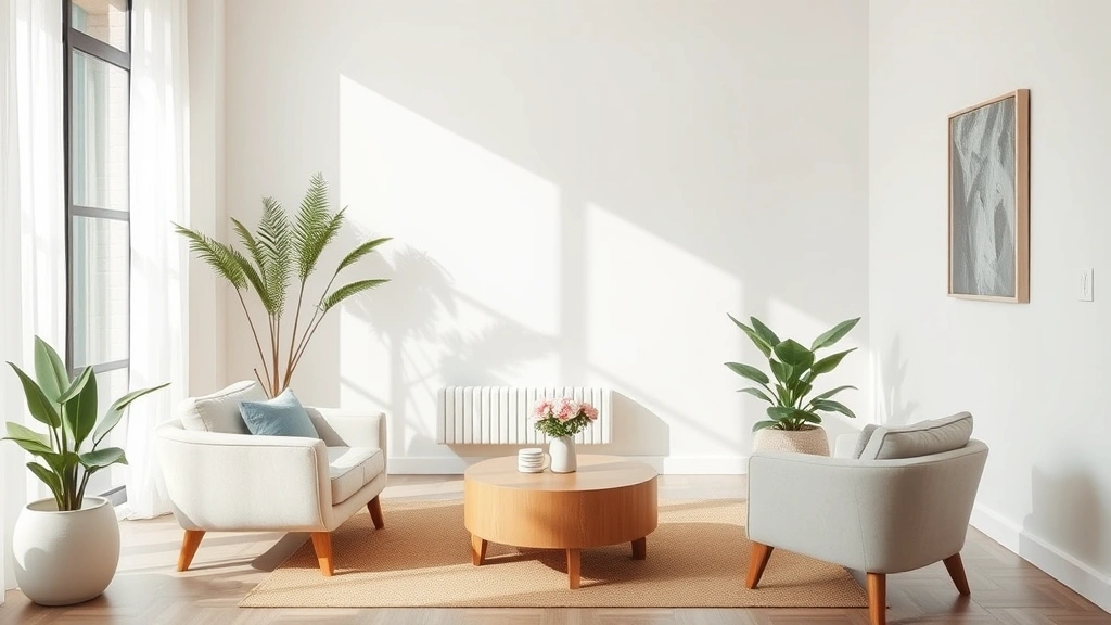 Serene modern therapy room with comfortable seating, soft natural lighting, peaceful neutral tones, calming atmosphere for healing conversations