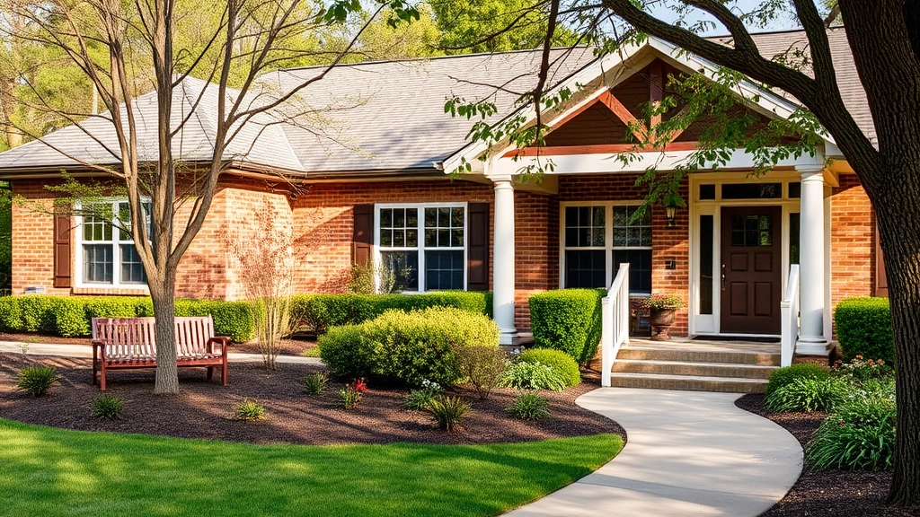 Peaceful residential facility exterior with manicured grounds, welcoming entrance, natural surroundings, safe therapeutic environment for recovery