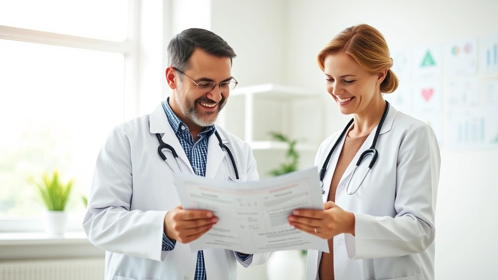 Doctor in white coat reviewing health charts with patient in bright medical office, both smiling, representing evidence-based integrative medicine and professional guidance