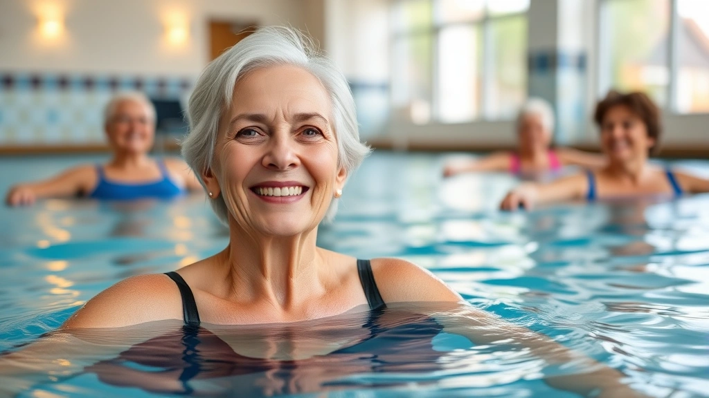 Senior woman smiling while participating in water aerobics class in a bright, modern indoor pool facility with other residents in background