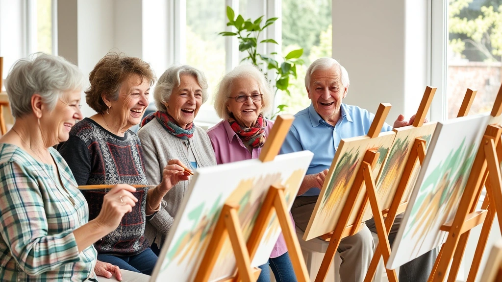 Diverse group of elderly residents laughing together during an art class, painting at easels with natural light streaming through windows