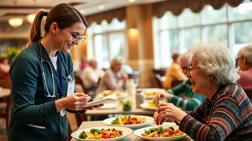 Registered dietitian and senior resident reviewing colorful, fresh meal options in a warm dining room with other residents dining together