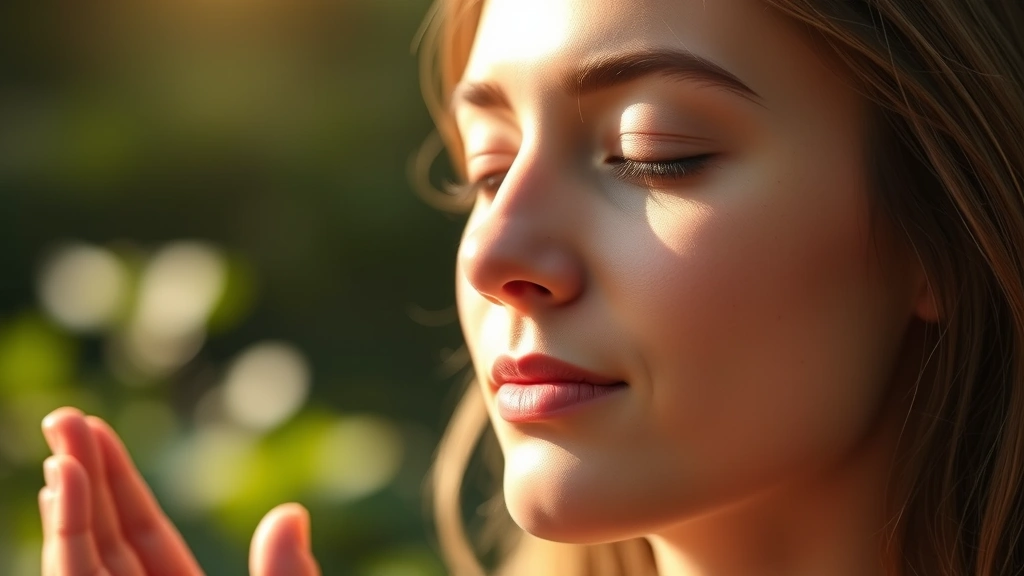 Close-up of person's face during meditation practice with eyes closed, peaceful expression, gentle sunlight on skin, hands in mudra position, blurred natural background with soft bokeh, capturing tranquility and inner peace, warm tones