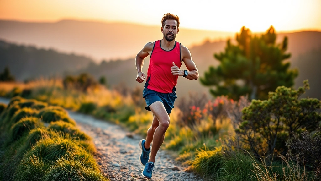 Athletic runner in vibrant running gear mid-stride on scenic trail at sunrise, morning light casting long shadows, natural landscape background, confident determined expression, professional lifestyle photography