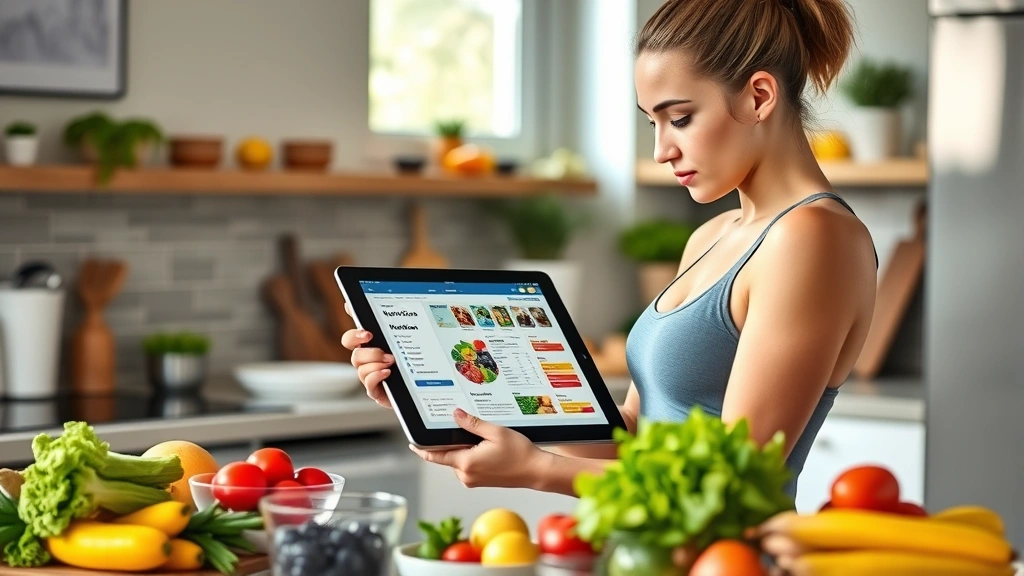 Fit woman reviewing nutrition plan on tablet in modern kitchen, colorful fresh produce on counter, healthy meal prep setup, natural window lighting, wellness-focused lifestyle moment