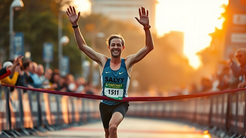Marathon runner crossing finish line with arms raised in celebration, cheering crowd blurred background, emotion of achievement, race bib visible, golden hour lighting, triumphant lifestyle moment