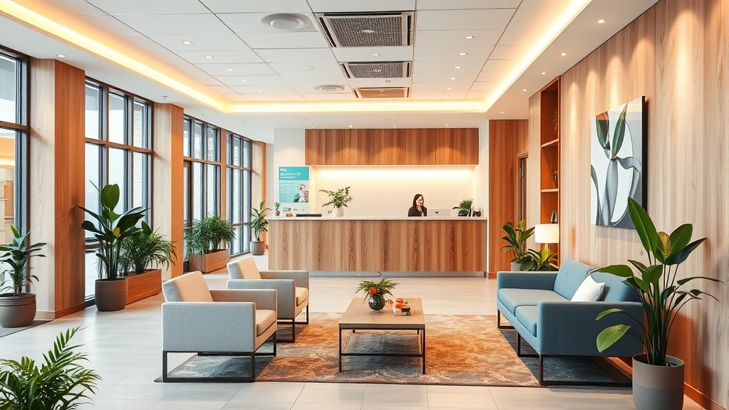 Modern healthcare clinic reception area with warm lighting, comfortable seating, natural wood accents, and plants creating welcoming atmosphere for diverse patients