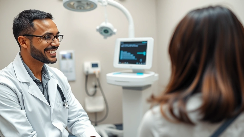 Professional healthcare practitioner in white coat consulting with patient in private examination room, both smiling, modern medical equipment visible in background