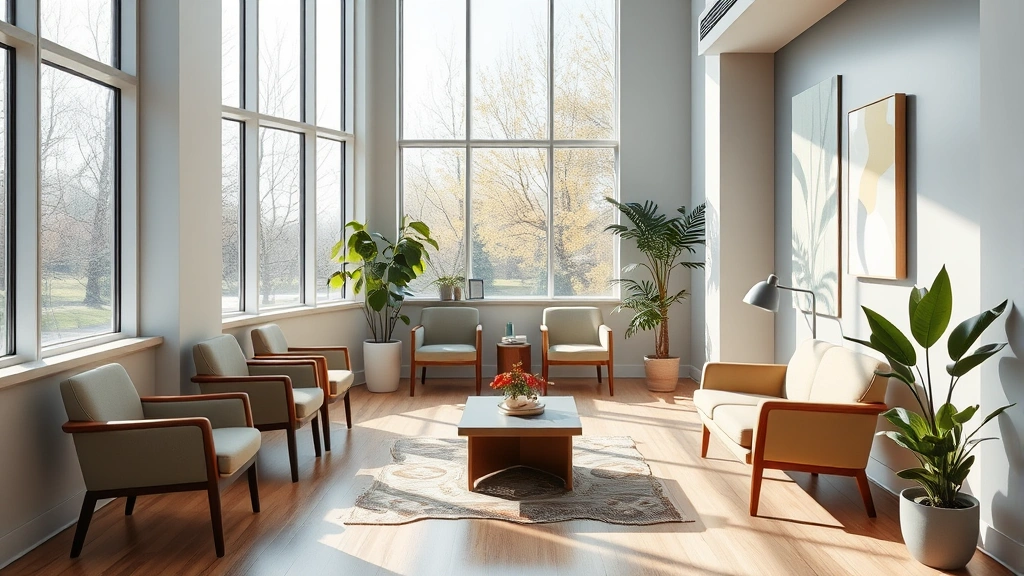 Peaceful clinic waiting area with floor-to-ceiling windows, natural sunlight, contemporary art on walls, comfortable chairs, and wellness-focused design elements