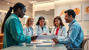 Professional healthcare environment with diverse staff and patients engaged in wellness consultation, modern medical office with warm lighting and wellness posters, people reviewing health documents at desk