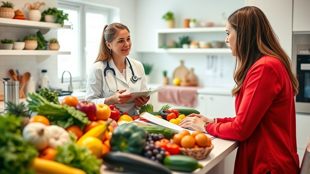 Nutritionist consulting with patient over colorful fresh produce and meal plans, bright kitchen setting with healthy foods, professional dietitian explaining nutrition information, welcoming healthcare environment