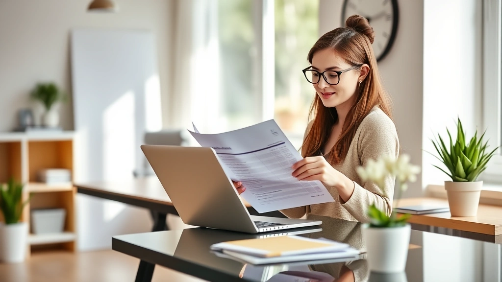 Young professional woman sitting at modern home office desk reviewing health insurance documents on laptop, natural sunlight, warm and approachable setting, lifestyle photography