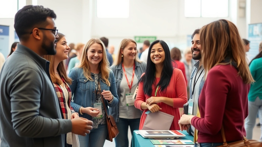 Diverse group of people in casual clothing having friendly conversation at community health fair, bright indoor venue with informational booths, genuine smiling faces, candid lifestyle moment