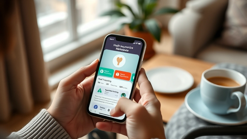Close-up of hands holding smartphone showing health insurance marketplace app interface, coffee cup nearby, cozy home environment, modern wellness lifestyle aesthetic