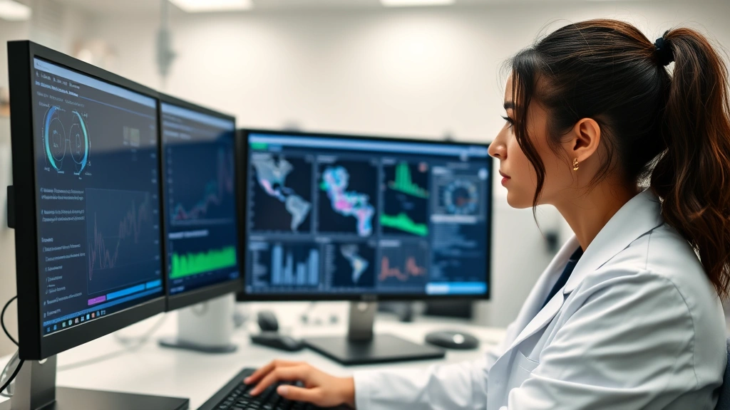 Professional woman epidemiologist reviewing disease surveillance data on computer screens in modern public health laboratory, wearing white coat, focused analytical work environment