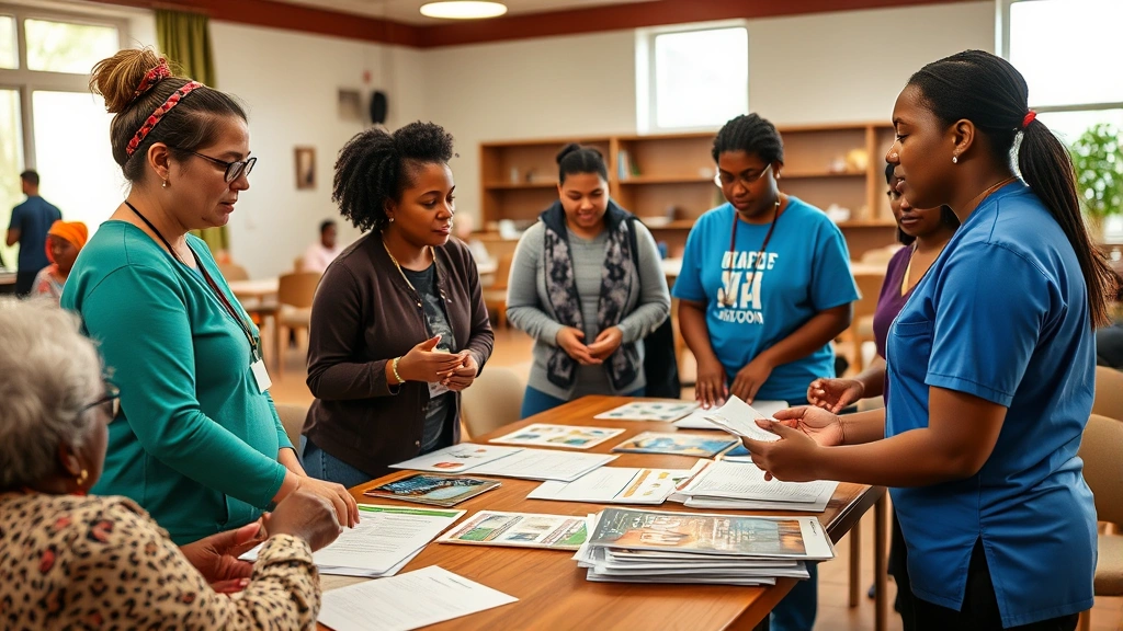 Diverse community health workers conducting health education workshop with residents in community center, engaged discussion, wellness materials on table, warm natural lighting