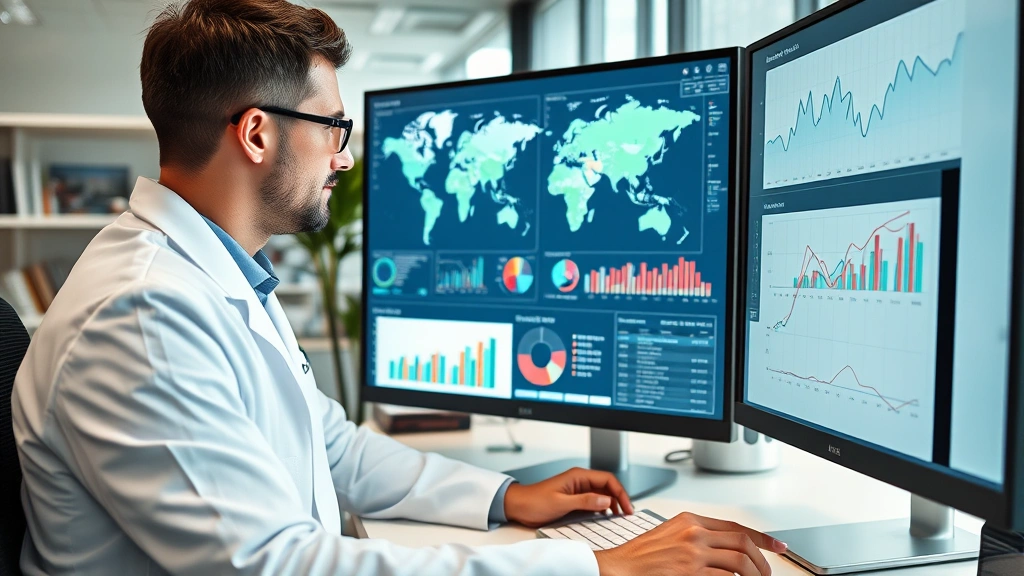 Data scientist analyzing health statistics on large monitor displaying epidemiological maps and graphs, modern office setting, professional healthcare analytics environment