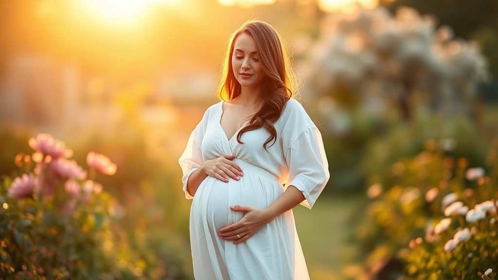 Pregnant woman in flowing white linen dress standing in golden hour sunlight in peaceful garden, hands gently cradling belly, serene facial expression, soft bokeh background with blooming flowers