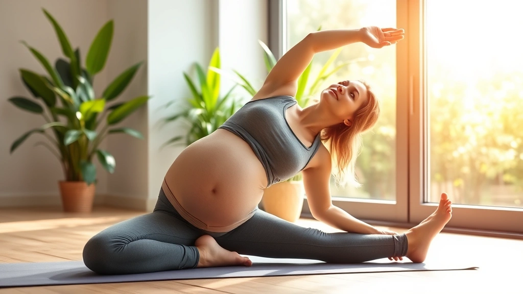 Pregnant woman in comfortable athleisure wear doing gentle prenatal yoga stretch on mat by large window with natural morning light, peaceful expression, green plants in background, wellness atmosphere