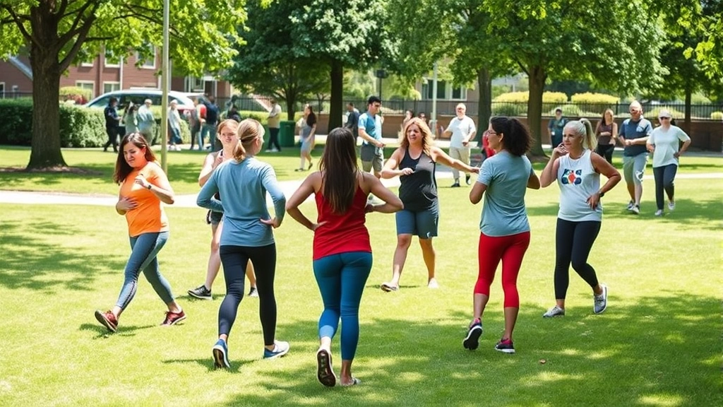 Community wellness class outdoors with diverse participants exercising together, green space with people walking, neighborhood park health activity