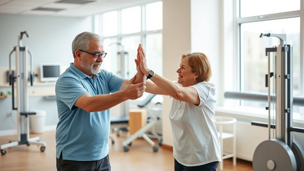 Patient receiving physical therapy with therapist guiding arm movements in a modern rehabilitation clinic with equipment, natural light through windows, encouraging interaction